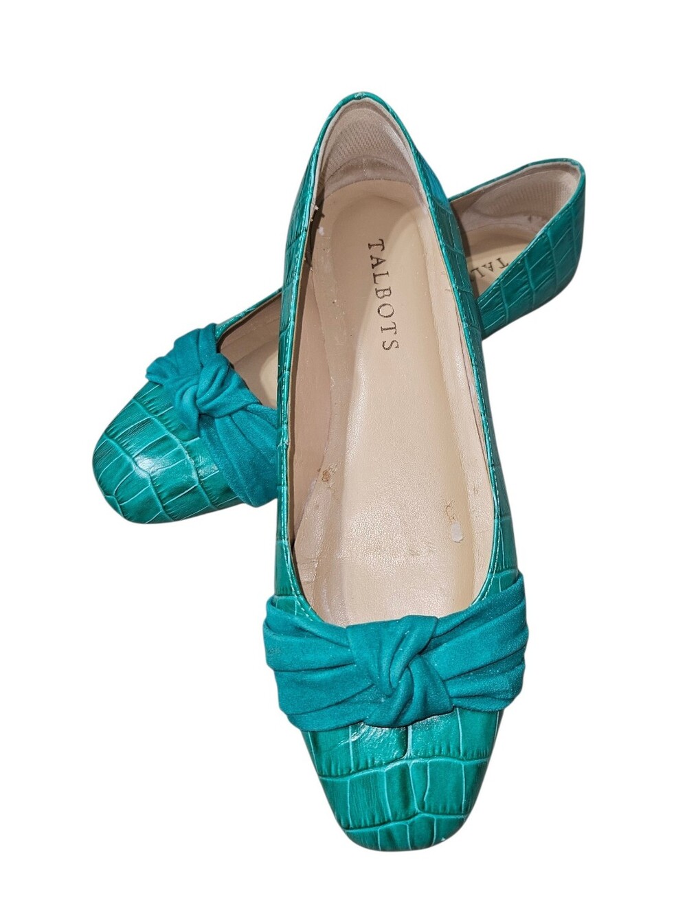Talbots Sz 6M Teal Green Crocodile-embossed Ballet Flats, Decorative Suede Knot